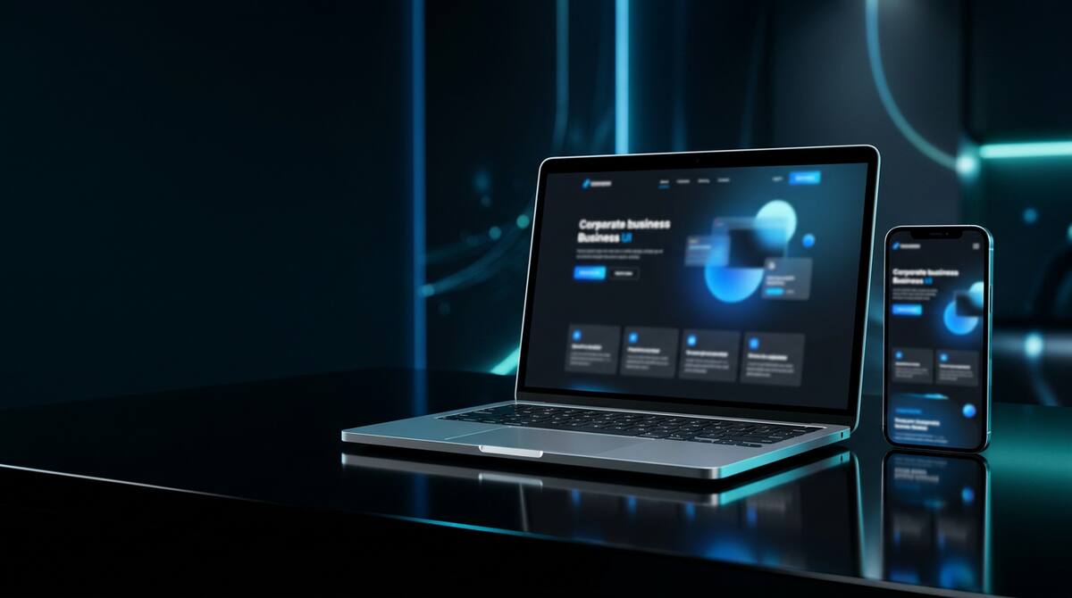 Portátil e smartphone com um website aberto, iluminados por luz azul