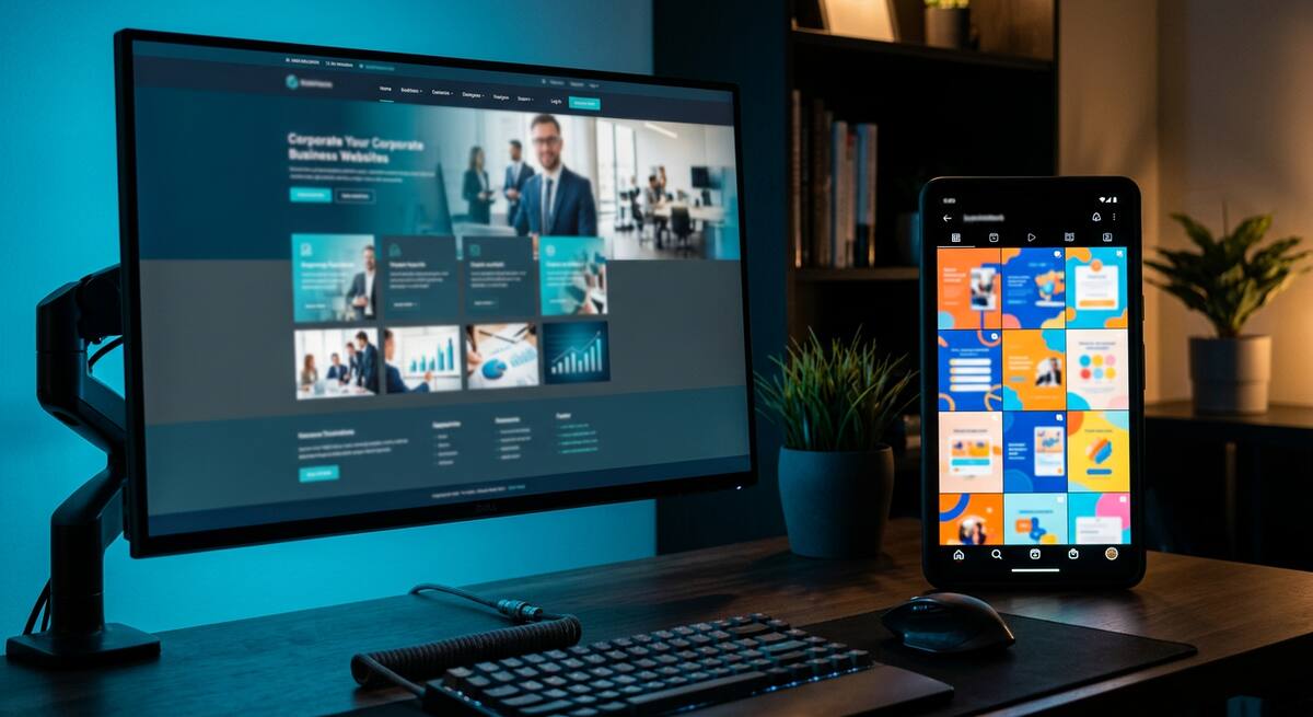 Demonstração de website empresarial com publicações para redes sociais