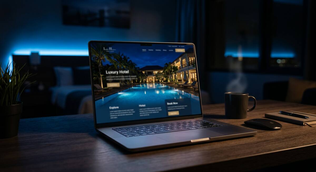 Demonstração de website de hotel com quartos e pedido de reserva